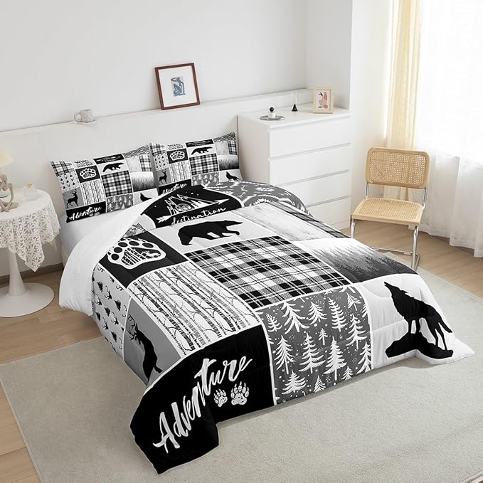 Deer Bear Comforter Set Queen Size,Pine Trees Christmas Bedding Set for Kids Boys Girls Adults Room Decor,Camping Adventure Rustic Farmhouse Down Comforter,Black Retro Duvet Insert,2 Pillowcases - LeafyLoom
