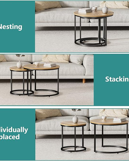 Nesting Coffee Table Set of 2, 23.6" Round Coffee Table Brown Wood with Adjustable Non-Slip Feet, Industrial End Table Side Tables for Living Room Bedroom Balcony Yard - LeafyLoom