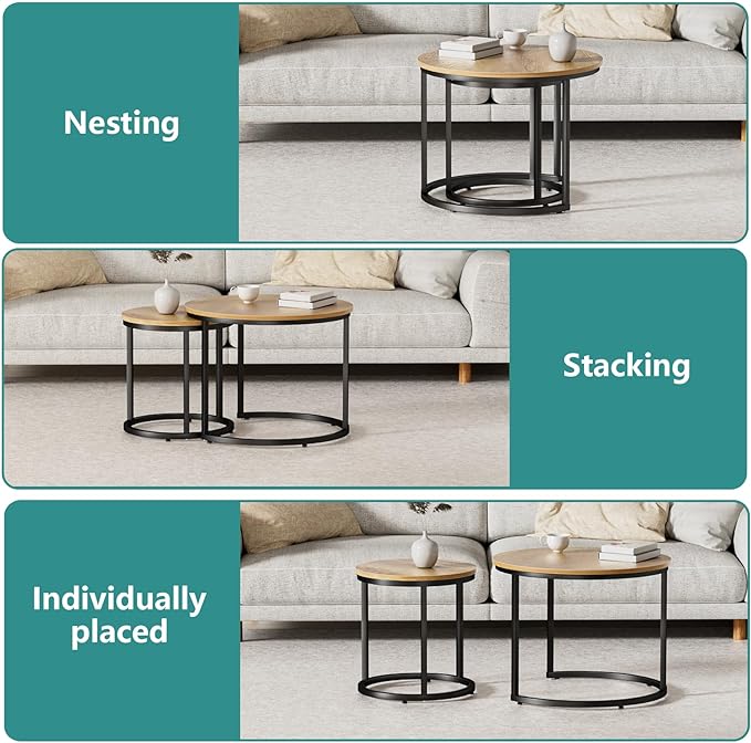 Nesting Coffee Table Set of 2, 23.6" Round Coffee Table Brown Wood with Adjustable Non-Slip Feet, Industrial End Table Side Tables for Living Room Bedroom Balcony Yard - LeafyLoom