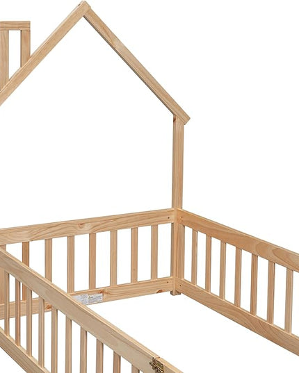 Twin Size Kids Montessori Floor Bed,House-Shaped Headboard Floor Bed for Kids,Floor Bed with Fence and Door,House Bed Twin Frame for Girls,Boys(Twin,Natural) - LeafyLoom
