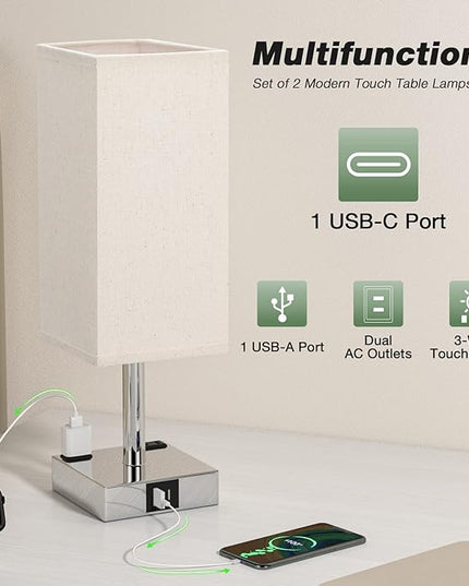 aooshine Beige Set of 2 Touch Lamp with USB Port-Nightstand Lamp with USB-C+A Charge Ports& AC Outlets, 3-Way Dimmable Bedside Lamp with Shade,Small Table Lamp for Bedroom Living Room(Bulb Included) - LeafyLoom