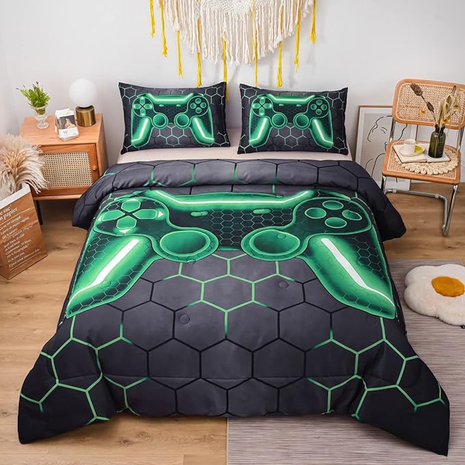 NTBED Game Console Comforter Set for Boys Girls Kids Geometric Lightweight Microfiber Bedding Sets (Green, Twin) - LeafyLoom