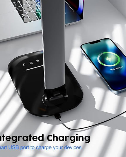 LED Desk Lamp, Table Lamp Reading Lamp with USB Charging Port, Desk Lamps for Home Office with 5 Color Temperature, 5 Brightness Levels, 1H Timer, Night Light, Desk Light for Bedroom - LeafyLoom