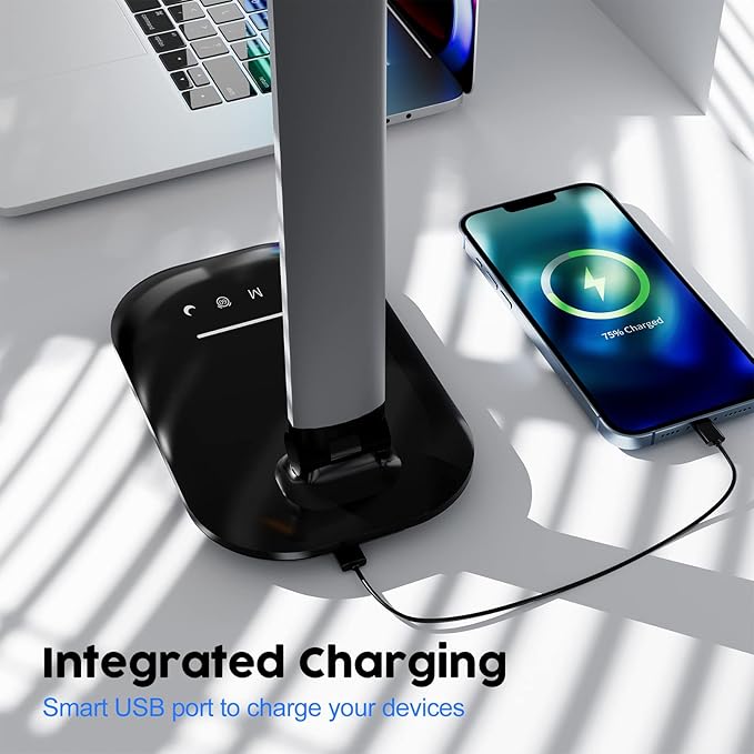 LED Desk Lamp, Table Lamp Reading Lamp with USB Charging Port, Desk Lamps for Home Office with 5 Color Temperature, 5 Brightness Levels, 1H Timer, Night Light, Desk Light for Bedroom - LeafyLoom