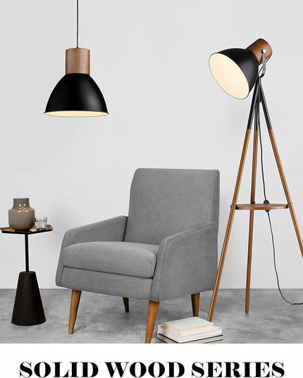 ELYONA Dimmable Tripod Floor Lamp with Table, Wood Standing Lamp with Adjustable Metal Shade, Modern End Table with Reading Light for Livingroom, Bedroom, Office, LED Bulb Included, Black & Brown - LeafyLoom