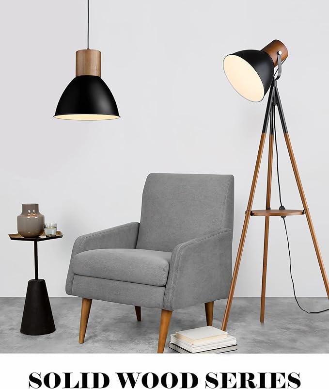 ELYONA Dimmable Tripod Floor Lamp with Table, Wood Standing Lamp with Adjustable Metal Shade, Modern End Table with Reading Light for Livingroom, Bedroom, Office, LED Bulb Included, Black & Brown - LeafyLoom