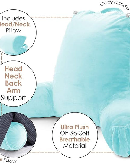 Clara Clark Reading Pillow, Large Back Pillow for Sitting Up in Bed, Memory Foam Back Support Pillow, Reading Pillows for Sitting in Bed Adult, Light Blue Sit Up Pillow for Bed with Arms and Pockets - LeafyLoom