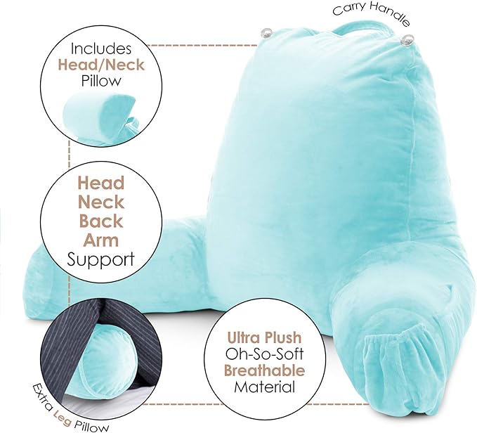 Clara Clark Reading Pillow, Large Back Pillow for Sitting Up in Bed, Memory Foam Back Support Pillow, Reading Pillows for Sitting in Bed Adult, Light Blue Sit Up Pillow for Bed with Arms and Pockets - LeafyLoom