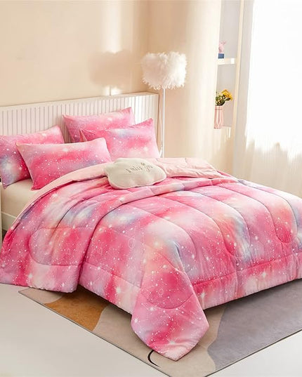 Pink Ombre Glitter Galaxy Comforter Set Twin Size for Girls, Sparkle Constellation Starry Sky Comforter for Kids Teen, 2 Piece Soft Microfiber Bedding Sets with 1 Pillow Case for All Season(Pink,Twin) - LeafyLoom