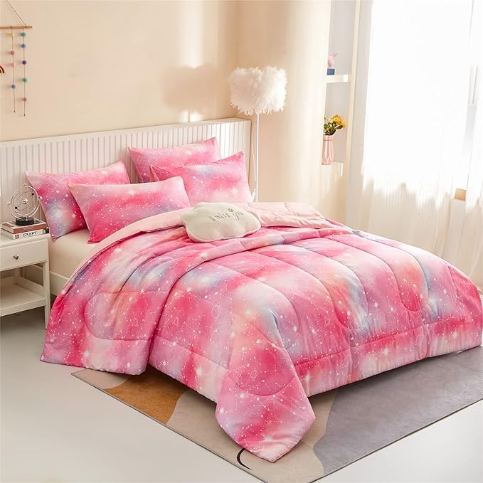 Pink Ombre Glitter Galaxy Comforter Set Twin Size for Girls, Sparkle Constellation Starry Sky Comforter for Kids Teen, 2 Piece Soft Microfiber Bedding Sets with 1 Pillow Case for All Season(Pink,Twin) - LeafyLoom