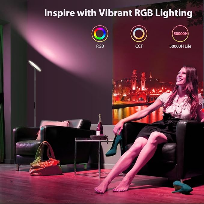 Dimunt Floor Lamp, 36W/3600LM Super Bright LED Floor Lamps, RGB Modern Standing Lamp with Remote and Button Control, 3000K-6500K Dimmable Tall Lamp for Living Room, Bedroom, Game Room, RGB Corner Lamp - LeafyLoom