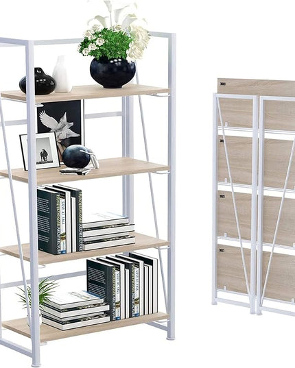 No-Assembly Folding Bookshelf Storage Shelves 4 Tiers Vintage Multifunctional Plant Flower Stand Storage Rack Shelves Bookcase for Home Office (White) - LeafyLoom