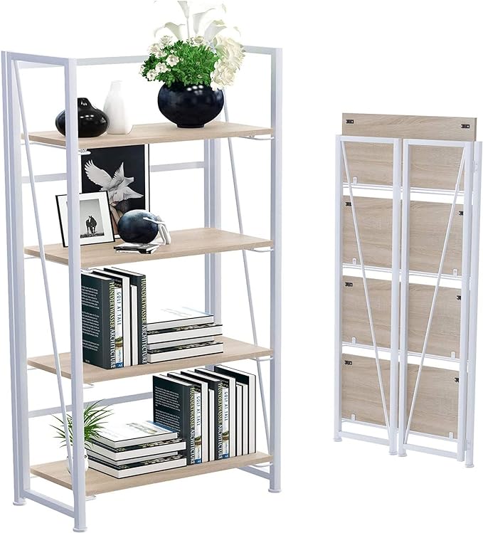 No-Assembly Folding Bookshelf Storage Shelves 4 Tiers Vintage Multifunctional Plant Flower Stand Storage Rack Shelves Bookcase for Home Office (White) - LeafyLoom