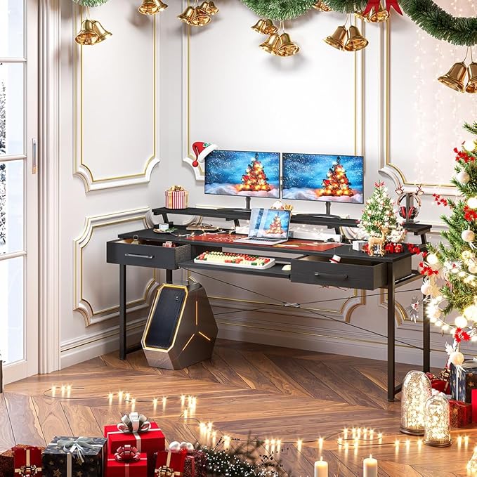 ODK Computer Desk Study Table, 63 Inch Office Desk with Drawers and Keyboard Tray, Study Desk Work Desk with Monitor Shelf, Writing Desk with Storage for Home Office, Black - LeafyLoom