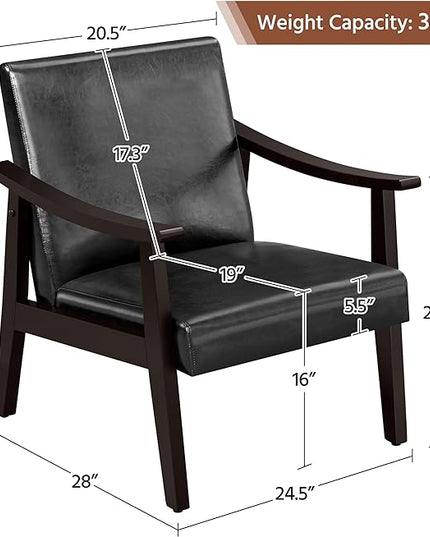 Yaheetech PU Leather Accent Chair, Mid-Century Modern Armchair with Solid Wood Legs, Reading Leisure Chair with High Back for Living Room Bedroom Waiting Room, Black - LeafyLoom