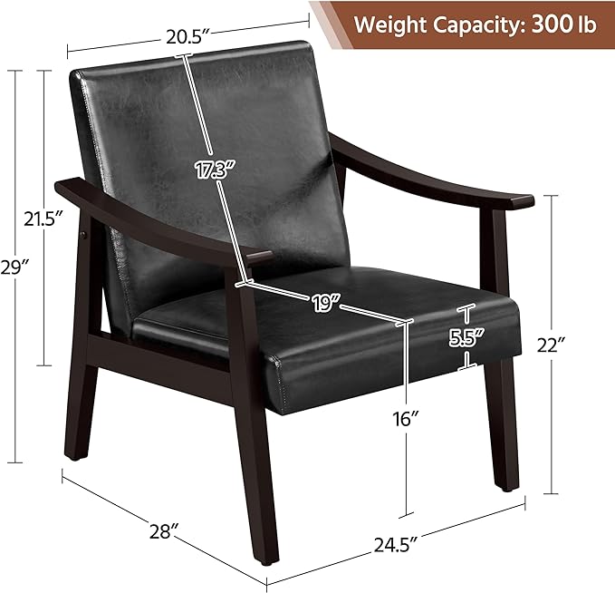 Yaheetech PU Leather Accent Chair, Mid-Century Modern Armchair with Solid Wood Legs, Reading Leisure Chair with High Back for Living Room Bedroom Waiting Room, Black - LeafyLoom