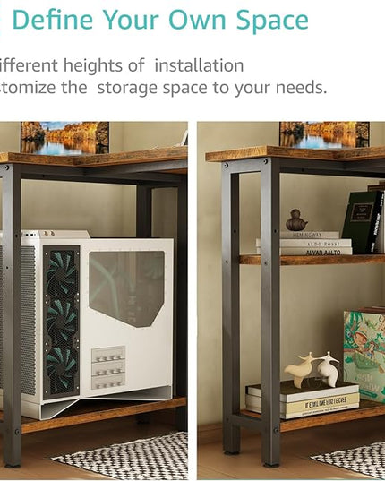 Lufeiya L Shaped Desk with Drawers & Storage Shelves, 47 Inch Corner Computer Desk with Power Outlet for Home Office Bedroom, L-Shaped Gaming PC Desks with Fabric Drawer, Rustic Brown - LeafyLoom