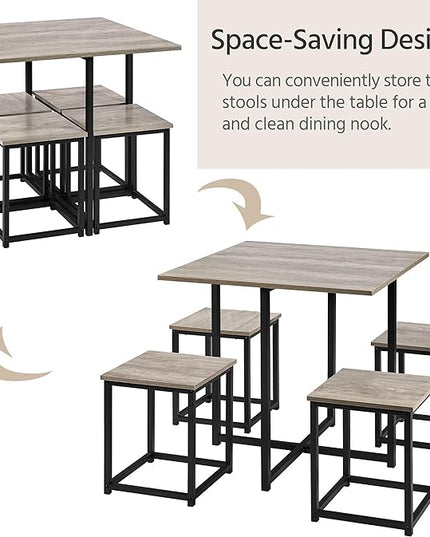 Yaheetech 5-Piece Dining Table Set - Industrial Kitchen & Chairs Sets for 4 Compact with Stools Space-Saving Design Apartment, Small Space, Breakfast Nook, Gray - LeafyLoom