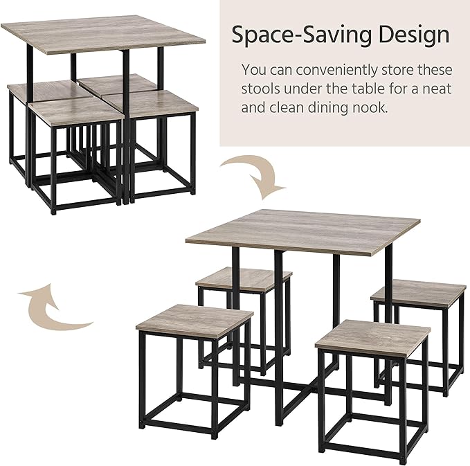 Yaheetech 5-Piece Dining Table Set - Industrial Kitchen & Chairs Sets for 4 Compact with Stools Space-Saving Design Apartment, Small Space, Breakfast Nook, Gray - LeafyLoom