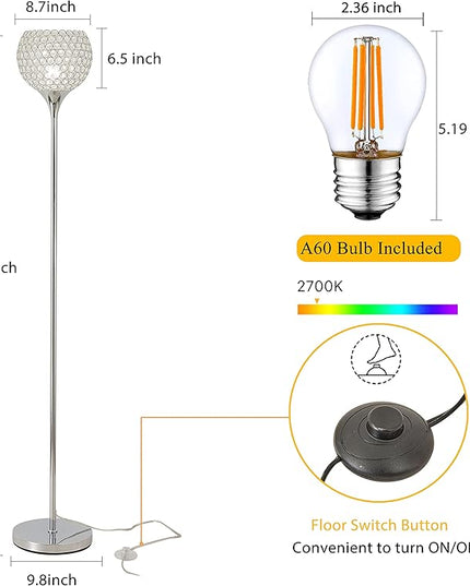 Spherical Crystal Floor Lamp, Silver 8.7 in Shade Elegant Standing Light with Crystal Lamp Shade for Living Room, Bedroom, Office, Modern Chrome 61 in Tall Pole Lighting, E26 Base, LED Bulb Included - LeafyLoom