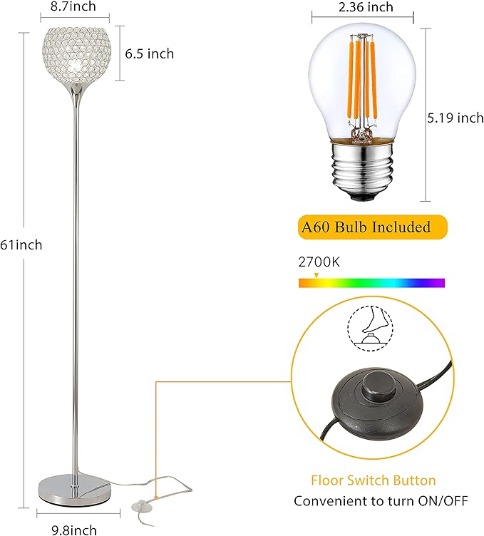 Spherical Crystal Floor Lamp, Silver 8.7 in Shade Elegant Standing Light with Crystal Lamp Shade for Living Room, Bedroom, Office, Modern Chrome 61 in Tall Pole Lighting, E26 Base, LED Bulb Included - LeafyLoom