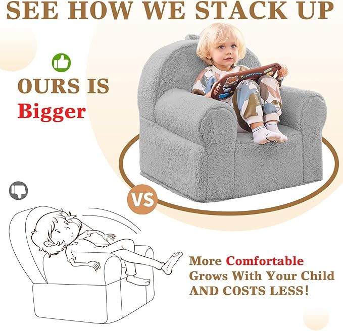 Toddler Chair Sherpa Couch Sherpa Kids Chair, Cuddly Kids Chairs Comfy Toddler Plush Chair Toddler Couch Reading Chair for Kids Fuzzy Baby Chair Grey - LeafyLoom