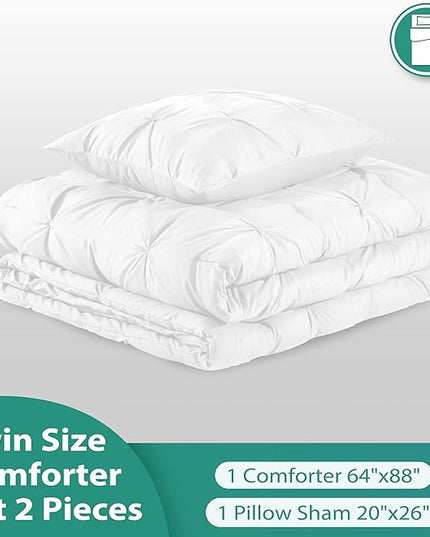 downluxe Pintuck Twin Comforter Set with 1 Pillow Sham - 2-Piece - White Twin Bed Comforter Set for All Seasons, Pinch Pleat Microfiber Down Alternative Bedding Comforter Sets - LeafyLoom