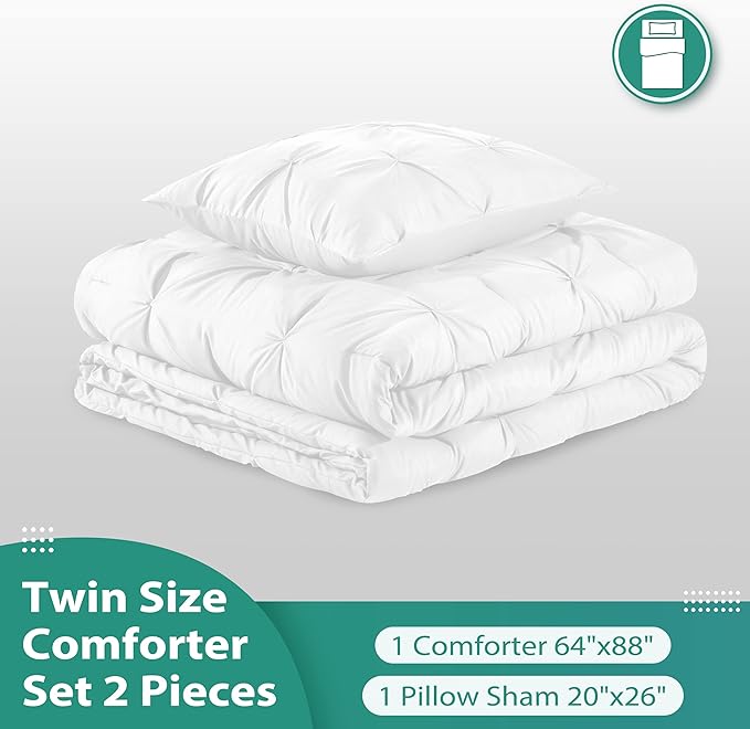 downluxe Pintuck Twin Comforter Set with 1 Pillow Sham - 2-Piece - White Twin Bed Comforter Set for All Seasons, Pinch Pleat Microfiber Down Alternative Bedding Comforter Sets - LeafyLoom