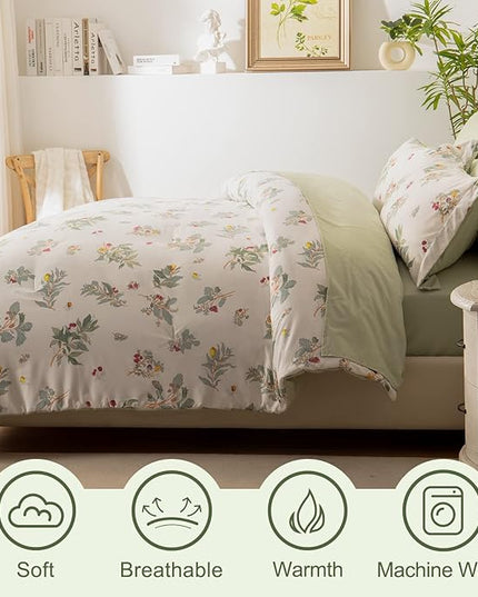 EMME Twin Comforter Set - Sage Green Floral Bedding Set 5 PCS with Flowers Leaves Pattern, Soft Plant Printed Botanical Bed Set with Sheets, Fluffy Bed Bag for All Season(68"X90") - LeafyLoom