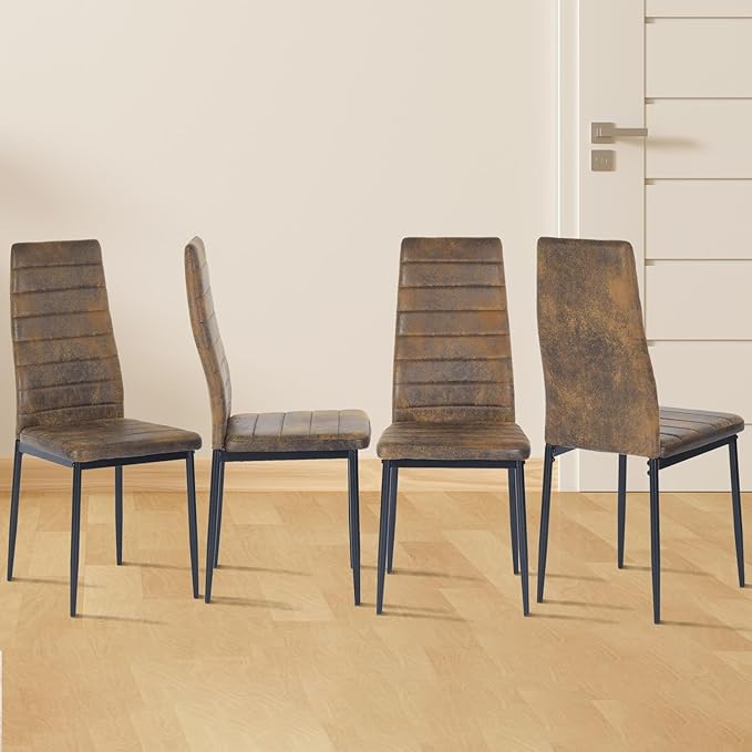 PU Leather Chair Set of 4, High Back Dining Seat with Soft Padded & Foot Cap Protection for Home Kitchen Living Room, 300lbs Capacity, Brown - LeafyLoom