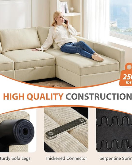 Sweetcrispy Convertible Sectional Sofa Couch, 6 Seat 8 Back Sofa Set with Storage for Living Room, L-Shaped Modern Modular Sofa Sleeper with Ottoman, Comfy Sofa Couch with Extra Deep Seats, Beige - LeafyLoom