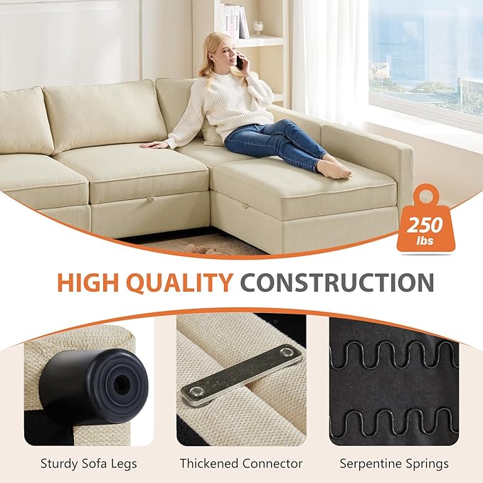 Sweetcrispy Convertible Sectional Sofa Couch, 6 Seat 8 Back Sofa Set with Storage for Living Room, L-Shaped Modern Modular Sofa Sleeper with Ottoman, Comfy Sofa Couch with Extra Deep Seats, Beige - LeafyLoom