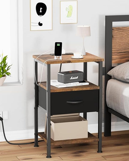 Fixwal Night Stand with Charging Station, Adjustable Bed Side Table with Fabric Drawer, Farmhouse End Table Bedroom, Bedside Table with Storage, Rustic Brown - LeafyLoom