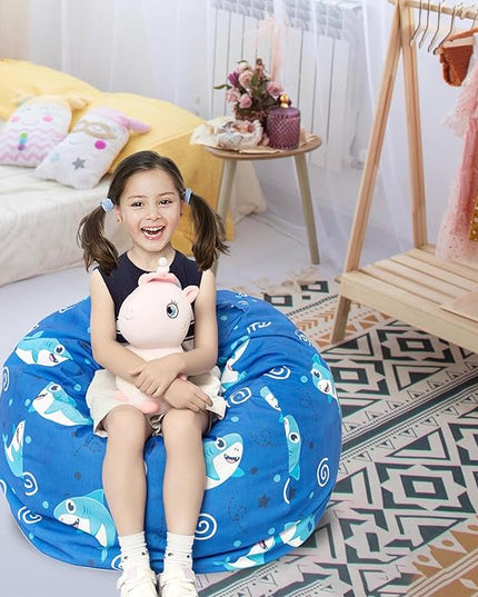 Stuffed Animal Storage Bean Bag Chair Cover, Hold Kids Plush Toys Blankets Towels Beanbag (Cover Only), Canvas Floor Circle Stuff Sit Seat Sofa with YKK Zipper, Large 32", Blue Shark - LeafyLoom