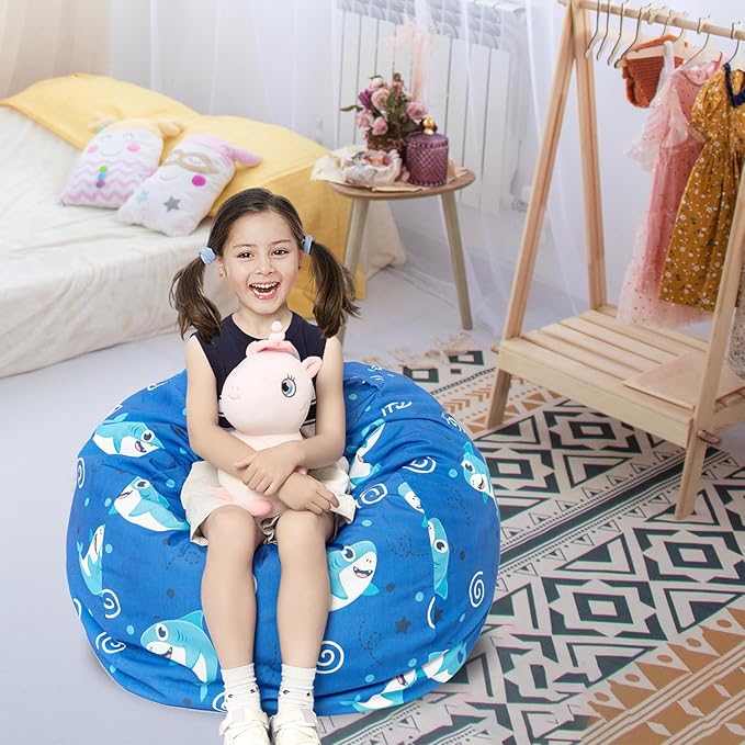 Stuffed Animal Storage Bean Bag Chair Cover, Hold Kids Plush Toys Blankets Towels Beanbag (Cover Only), Canvas Floor Circle Stuff Sit Seat Sofa with YKK Zipper, Large 32", Blue Shark - LeafyLoom