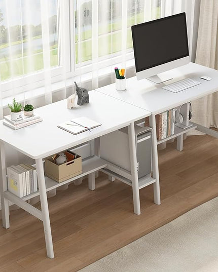 2-Person Writing Desk with Bookshelf - 79" Wooden Extra Long Home Office Work Table, Double Study Computer Workstation with Storage Shelves in White, 79" W x 24" D - LeafyLoom