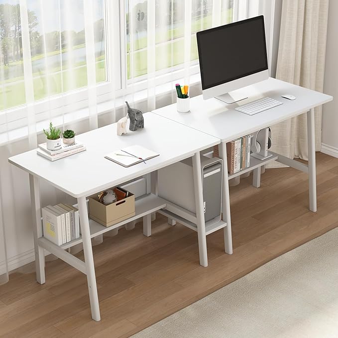 2-Person Writing Desk with Bookshelf - 79" Wooden Extra Long Home Office Work Table, Double Study Computer Workstation with Storage Shelves in White, 79" W x 24" D - LeafyLoom