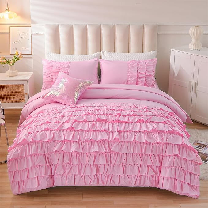 A Nice Night Waterfall Flutter Ruffle Comforter Set,Ruffled Textured Soft Chic Princess 6pcs Bedding Set,with Bling Shiny Sequin Throw Pillow Case,DarkPink,Full - LeafyLoom