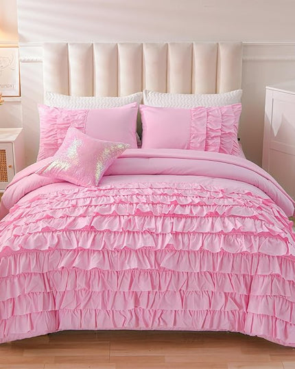 A Nice Night Waterfall Flutter Ruffle Comforter Set,Ruffled Textured Soft Chic Princess 6pcs Bedding Set,with Bling Shiny Sequin Throw Pillow Case,DarkPink,Twin - LeafyLoom