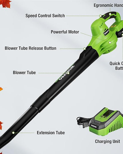 WORKPRO Cordless Leaf Blower, 20V Battery Powered Leaf Blower for Lawn Care, 2-Speed Control Lightweight Mini Electric Leaf Blower wih Battery and Charger - LeafyLoom