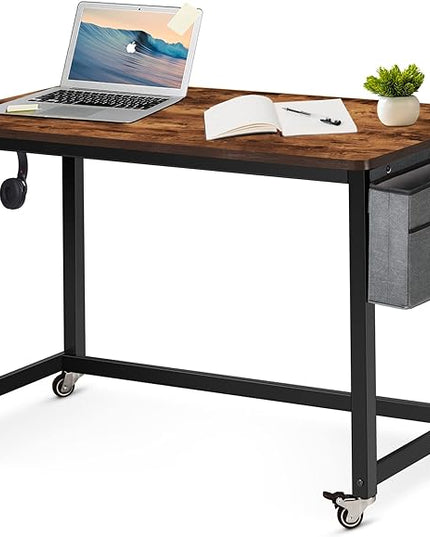 AHB 47" Rolling Computer Desk with 4 Smooth Wheels and 3 Iron Hooks, Simple Style Mobile Writing Desk Home Office Study Table Movable Workstation with Metal Frame - LeafyLoom