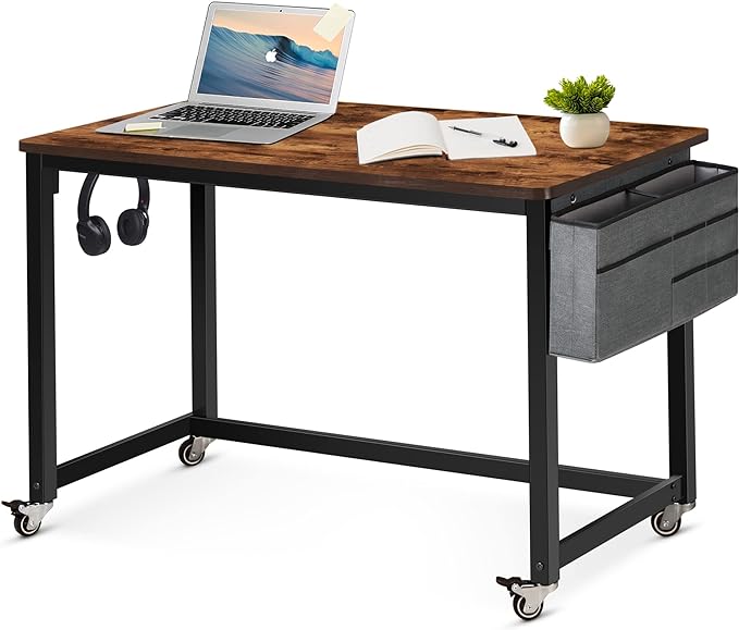 AHB 47" Rolling Computer Desk with 4 Smooth Wheels and 3 Iron Hooks, Simple Style Mobile Writing Desk Home Office Study Table Movable Workstation with Metal Frame - LeafyLoom