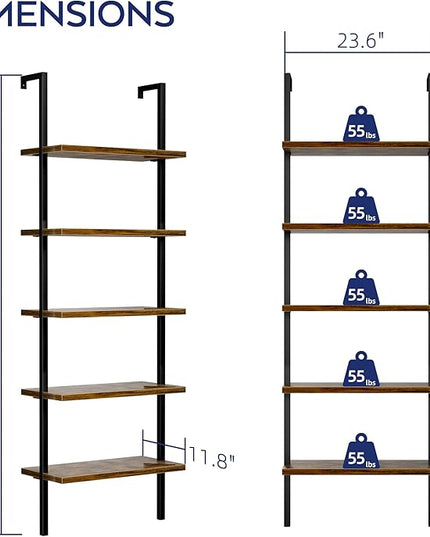 NUMENN 5 Tier Book Shelf, Industrial Ladder Shelf, Open Space Wall Mount Bookshelf with Metal Frame, Sturdy Book Shelves, Bookcase for Living Room, Home Office Shelf, Vintage Brown - LeafyLoom