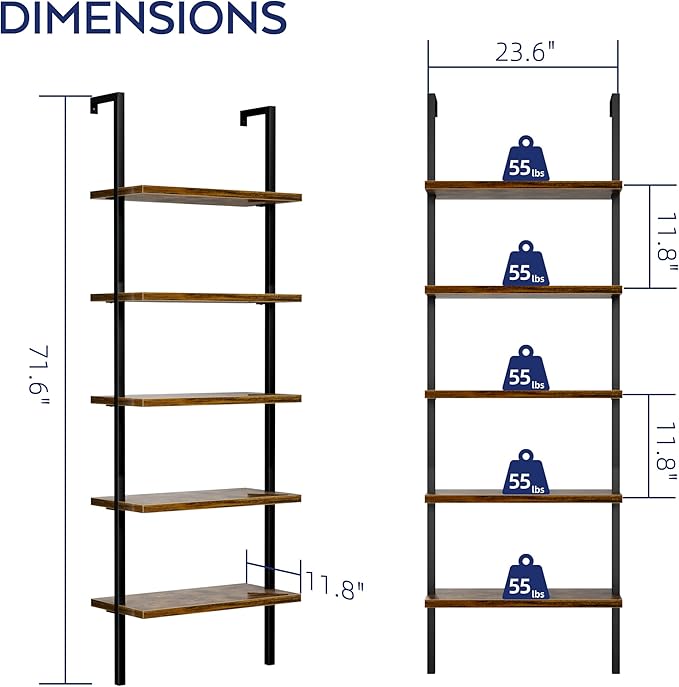 NUMENN 5 Tier Book Shelf, Industrial Ladder Shelf, Open Space Wall Mount Bookshelf with Metal Frame, Sturdy Book Shelves, Bookcase for Living Room, Home Office Shelf, Vintage Brown - LeafyLoom