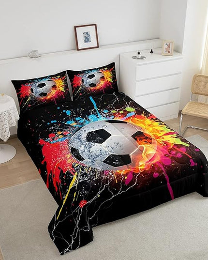 Kids Soccer Twin Size Comforter Set For Boys Football Sports Bedding Set Teen Colorful Grunge Hippie Tie Dye Quilt Comforter Red Blue Water Fire Lightning Duvet Insert Lightweight Bedroom Dorm Decor - LeafyLoom