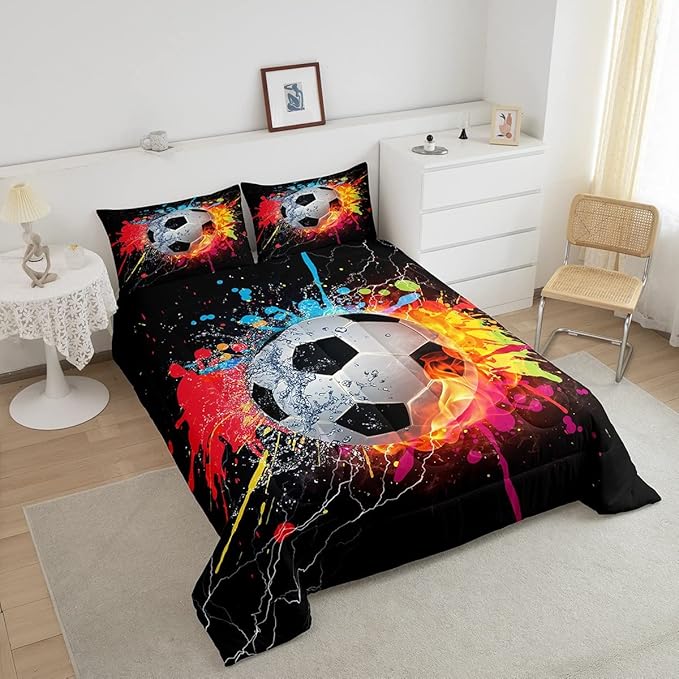 Kids Soccer Twin Size Comforter Set For Boys Football Sports Bedding Set Teen Colorful Grunge Hippie Tie Dye Quilt Comforter Red Blue Water Fire Lightning Duvet Insert Lightweight Bedroom Dorm Decor - LeafyLoom