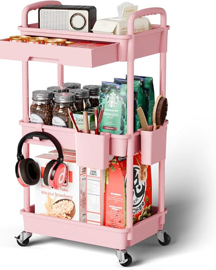 3 Tier Small Rolling Cart Organizer,Laundry Room Bathroom Organizers and Storage Office Shelves Mobile Shelving Unit Kitchen Trolley Cart with Wheels for Art,Craft,Diaper,Bedside,Snack(Pink) - LeafyLoom