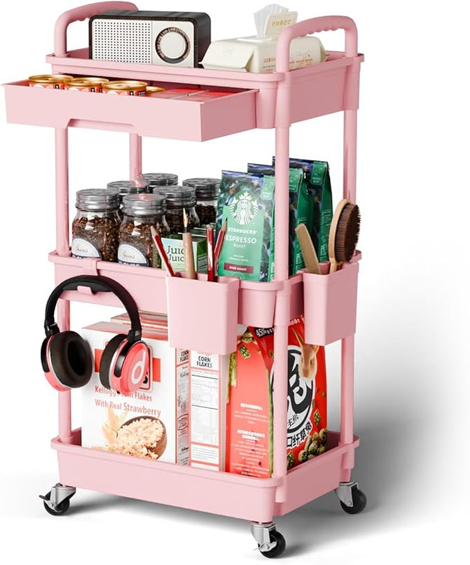 3 Tier Small Rolling Cart Organizer,Laundry Room Bathroom Organizers and Storage Office Shelves Mobile Shelving Unit Kitchen Trolley Cart with Wheels for Art,Craft,Diaper,Bedside,Snack(Pink) - LeafyLoom