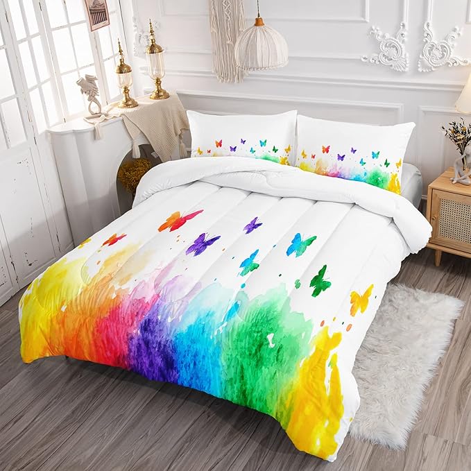 CVHOUSE Butterfly Bedding Set,Butterfly Comforter Full,Butterfly Comforter Set for Girls Kids Teens,Butterflies Quilt Set with 1 Comforter and 2 Pillow Cases- 3 Piece - LeafyLoom