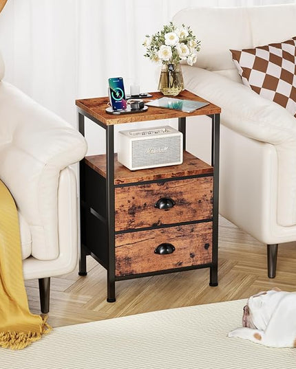 Furologee Nightstand with Charging Station, End Table with LED Lights, Bedside Table with USB Ports & Outlets, Night Stands with 2 Drawers, Side Table for Living Room/Bedroom - LeafyLoom